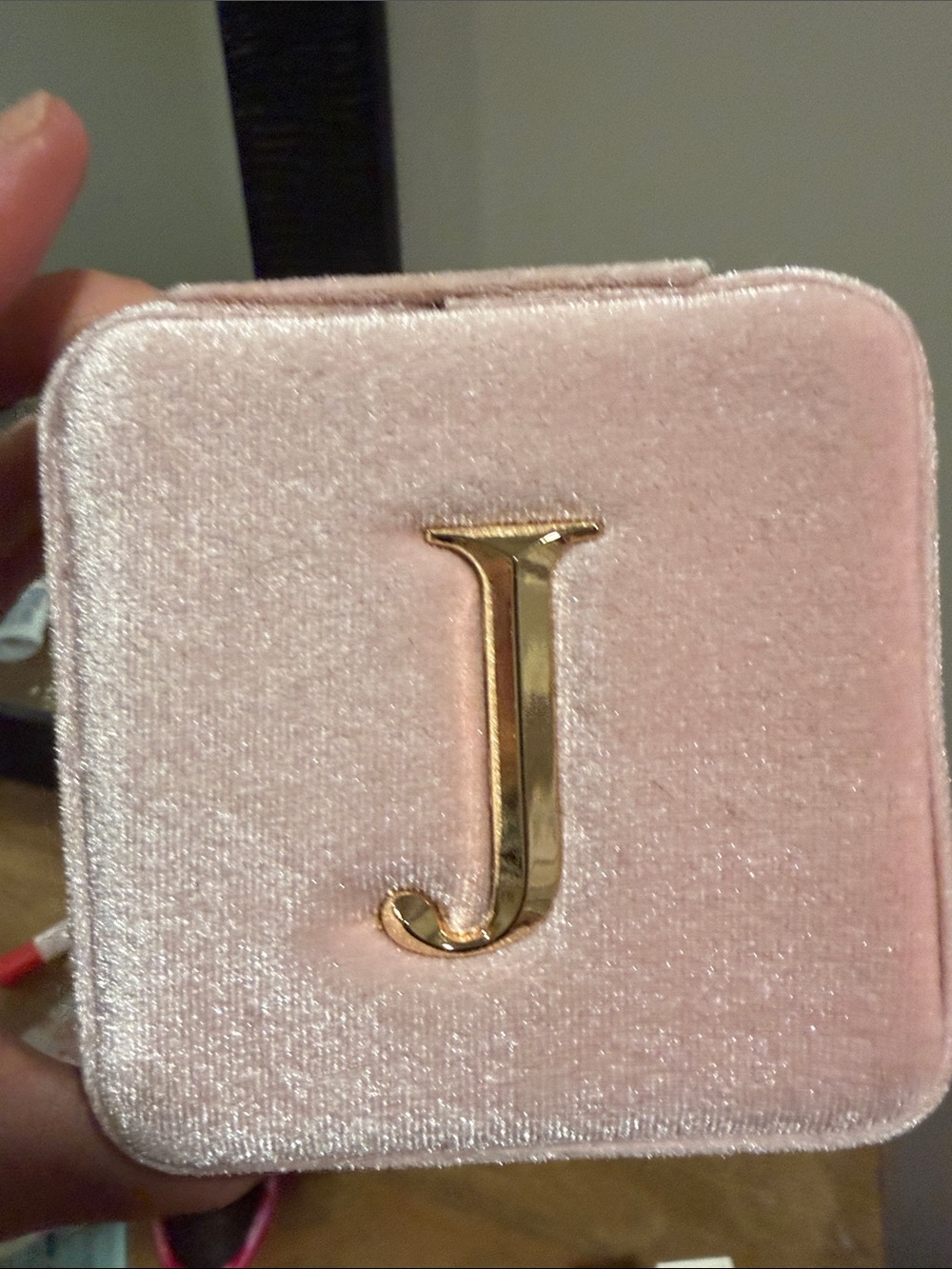 Gold Letter 'J' Initial Pink Velvet Accessory Travel Case Necklace & earrings
